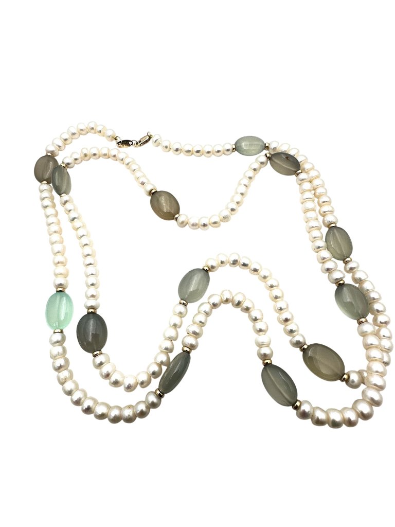 Zoe B 14k Yellow Gold Womens Necklace Aqua Quartz Pearl 36 Inch 49 Grams
